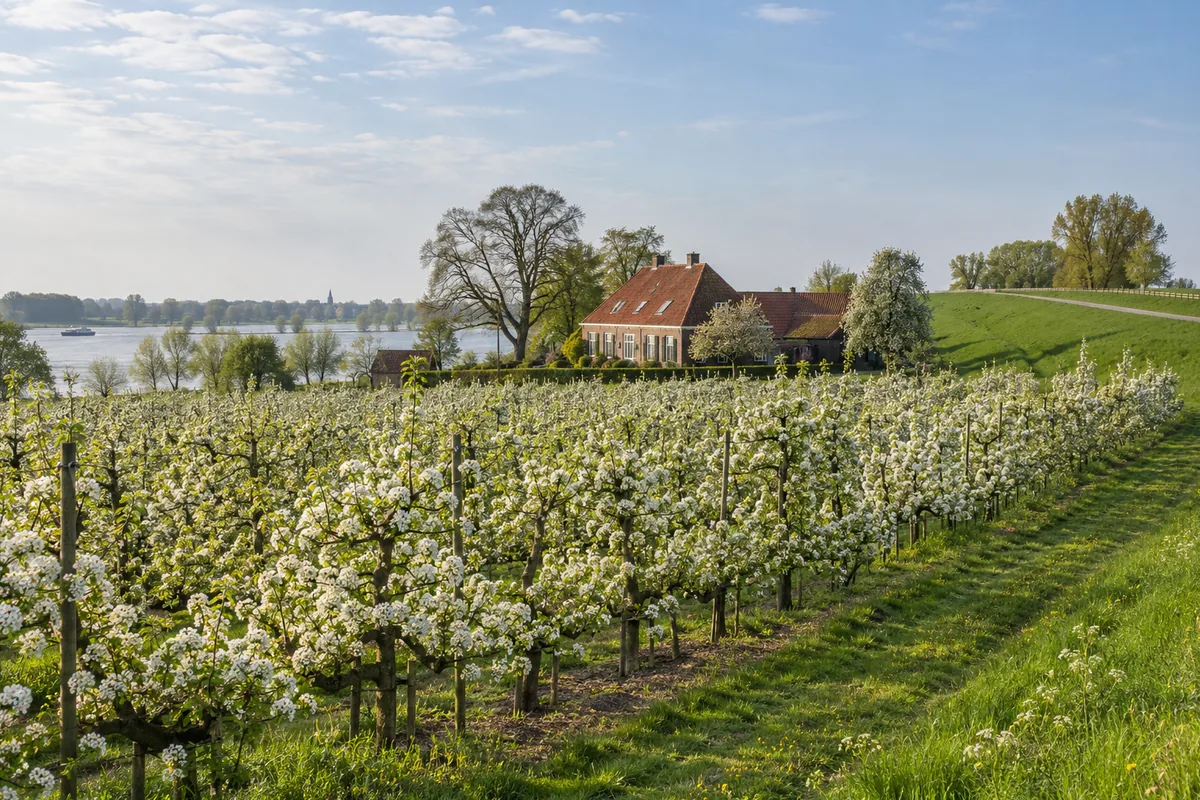 Bloeiende fruitbomen en een dijk langs de rivier in de Betuwe in het voorjaar