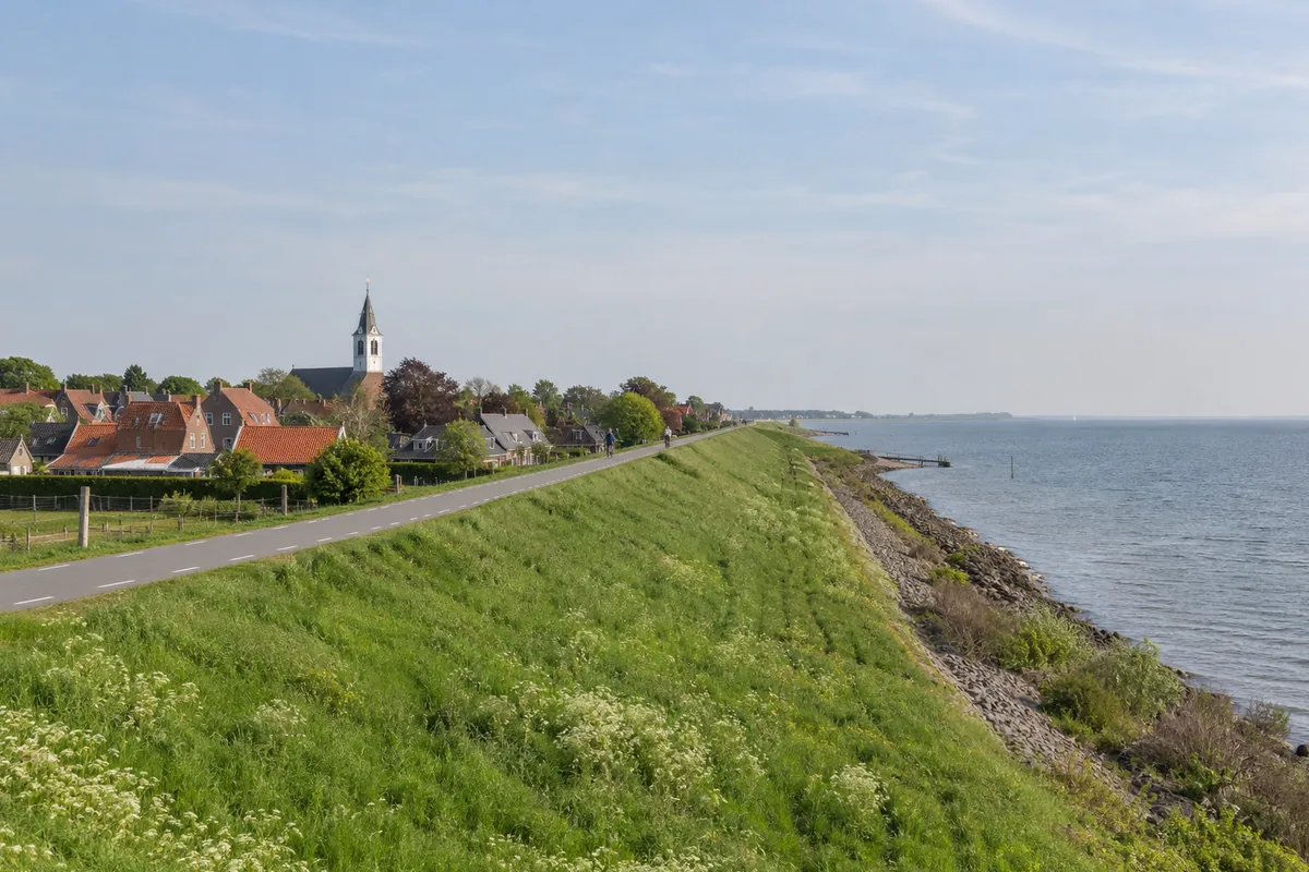 Grasdijk langs het IJsselmeer bij een Noord-Hollands dorp met een witte kerktoren
