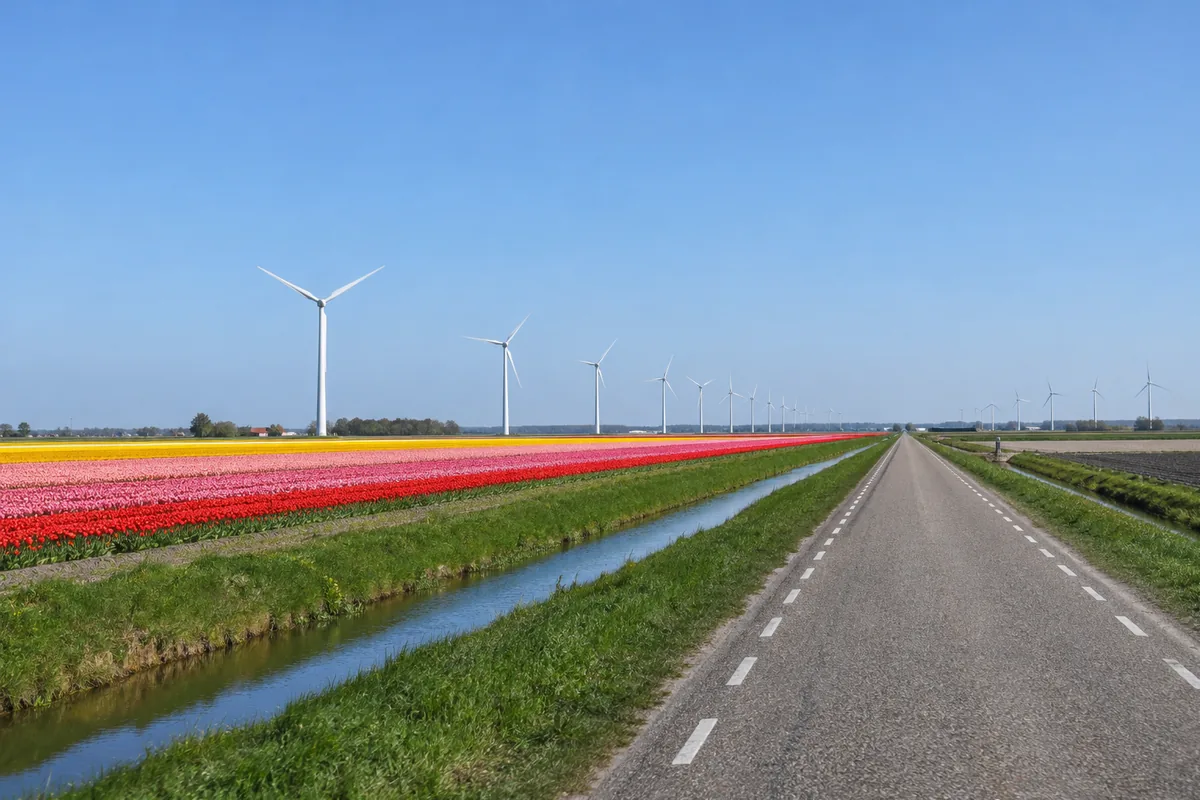 Kaarsrechte polderweg met windmolens en tulpenvelden in Flevoland onder een strakblauwe lucht