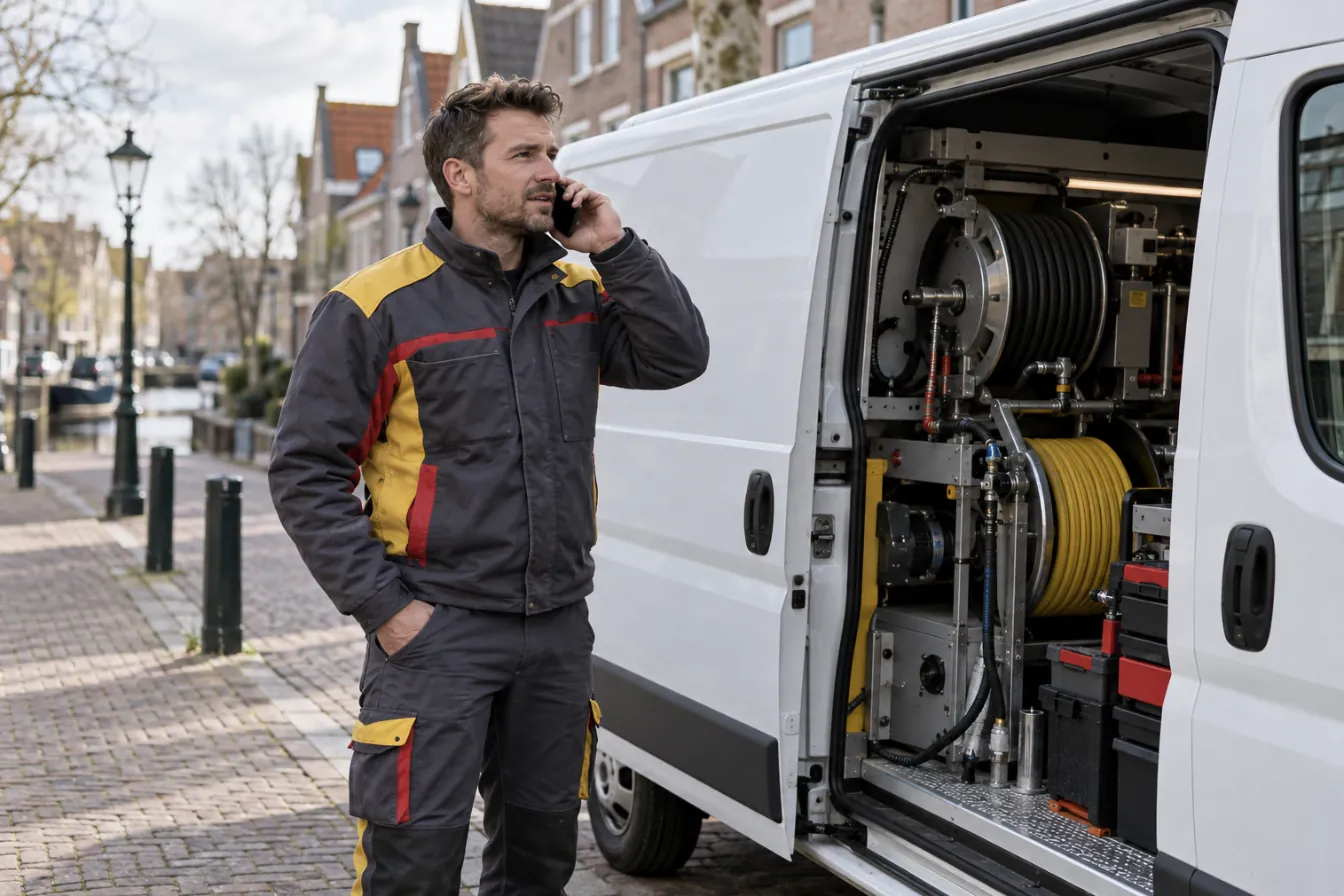 Ontstoppingsspecialist van Afvoer Ontstoppen bij de bus met ontstoppingsapparatuur