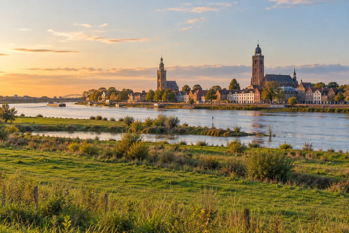 Rivier de IJssel met uiterwaarden en een Hanzestad met kerktorens in Overijssel