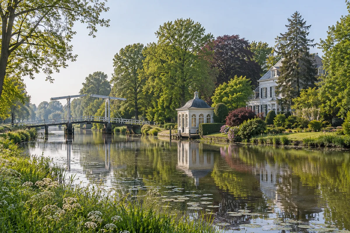 Rivier de Vecht met buitenplaatsen, theekoepels en een ophaalbrug in de provincie Utrecht