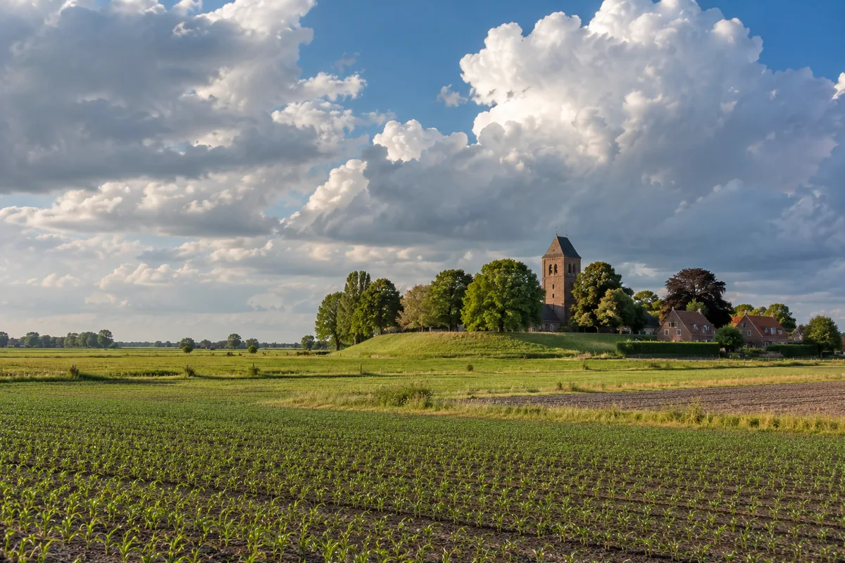Weids Gronings landschap met een wierdedorp, kerktoren en akkers onder een grote lucht