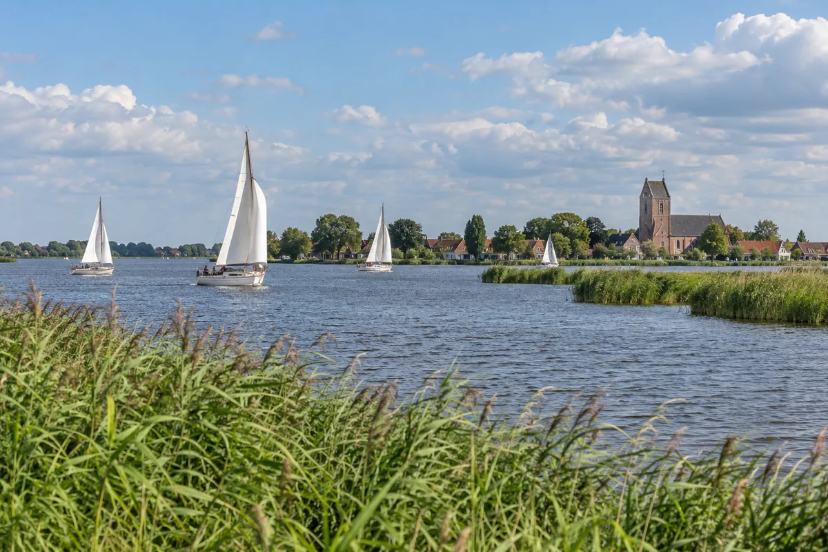 Zeilboten op een Fries meer met rietkragen en een dorpskerk aan de oever in de zomer